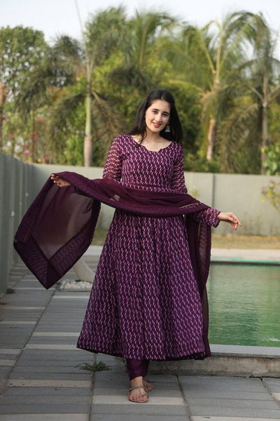 Lyush Women's Wine Georgette Digital Print Anarkali Kurta Pant With Dupatta