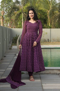 Thumbnail for Lyush Women's Wine Georgette Digital Print Anarkali Kurta Pant With Dupatta