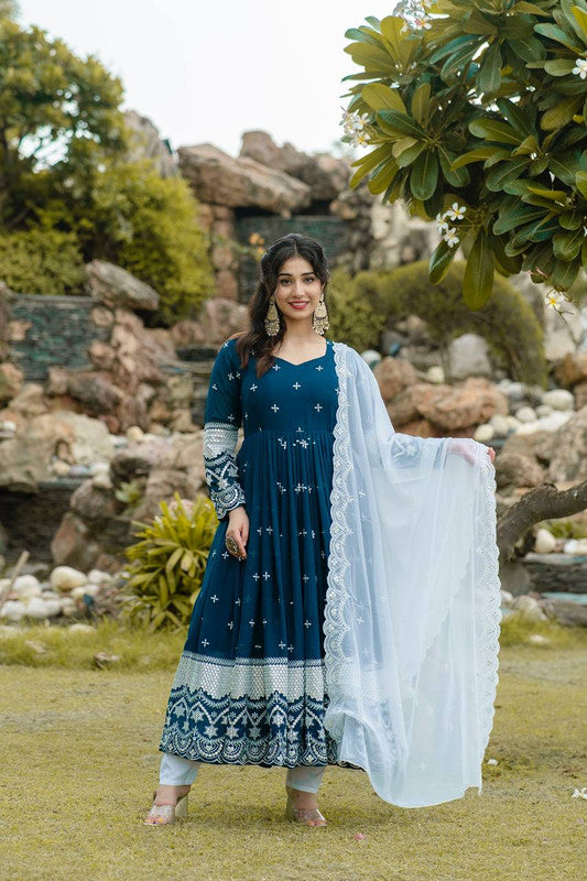 Lyush Women's Rama Georgette Embroidered Anarkali Kurta Pant With Dupatta