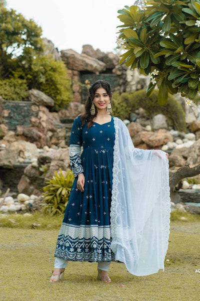 Lyush Women's Rama Georgette Embroidered Anarkali Kurta Pant With Dupatta
