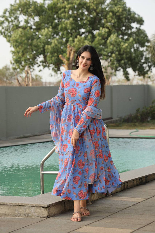 Lyush Women's Sky Blue Georgette Digital Print Anarkali Kurta Pant With Dupatta