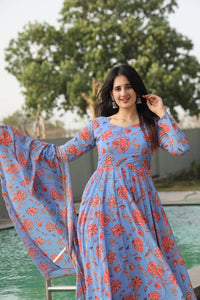 Thumbnail for Lyush Women's Sky Blue Georgette Digital Print Anarkali Kurta Pant With Dupatta