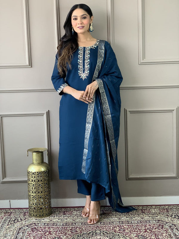 Lyush Women's Petrol Viscose Chanderi Embroidered Straight Kurta with Pant And Dupatta Sets