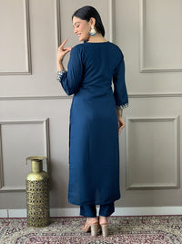 Thumbnail for Lyush Women's Petrol Viscose Chanderi Embroidered Straight Kurta with Pant And Dupatta Sets