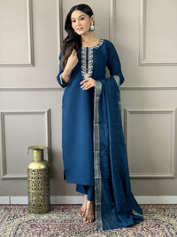 Thumbnail for Lyush Women's Petrol Viscose Chanderi Embroidered Straight Kurta with Pant And Dupatta Sets