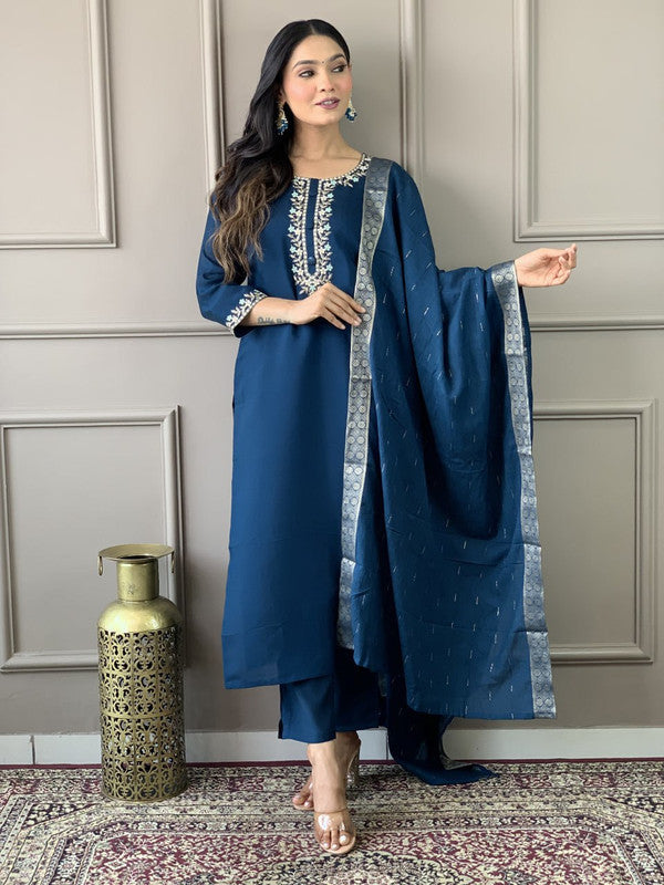 Lyush Women's Petrol Viscose Chanderi Embroidered Straight Kurta with Pant And Dupatta Sets