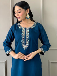 Thumbnail for Lyush Women's Petrol Viscose Chanderi Embroidered Straight Kurta with Pant And Dupatta Sets
