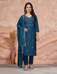 Thumbnail for Lyush Women's Embroidered Cotton Blend Kurti With Pant & Dupatta Set - Teal