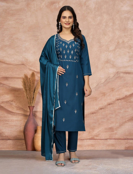 Lyush Women's Embroidered Cotton Blend Kurti With Pant & Dupatta Set - Teal