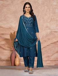 Thumbnail for Lyush Women's Embroidered Cotton Blend Kurti With Pant & Dupatta Set - Teal