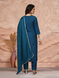 Thumbnail for Lyush Women's Embroidered Cotton Blend Kurti With Pant & Dupatta Set - Teal