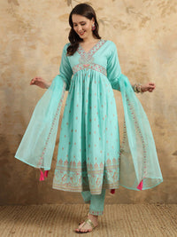 Thumbnail for Lyush Women's Embroidered Rayon Slub with Foil Kurti With Pant & Dupatta Set - Sky Blue