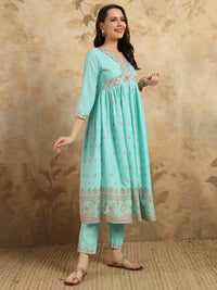 Thumbnail for Lyush Women's Embroidered Rayon Slub with Foil Kurti With Pant & Dupatta Set - Sky Blue