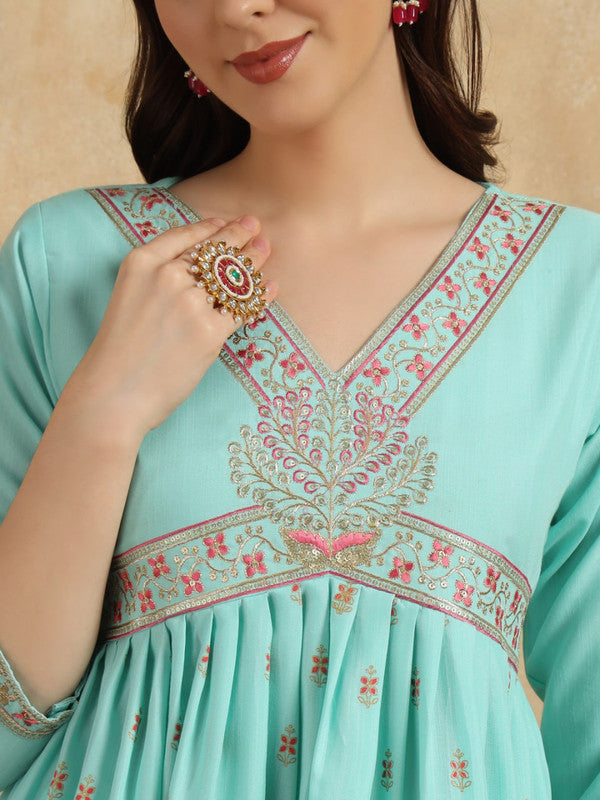 Lyush Women's Embroidered Rayon Slub with Foil Kurti With Pant & Dupatta Set - Sky Blue