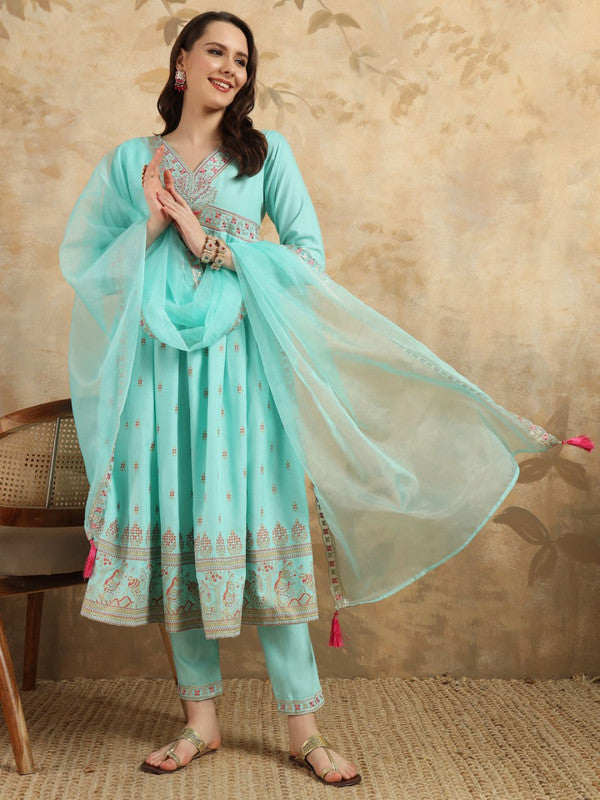Lyush Women's Embroidered Rayon Slub with Foil Kurti With Pant & Dupatta Set - Sky Blue