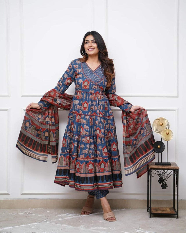 Lyush Women's Embroidered Cotton Blend Kurti With Pant & Dupatta Set - Blue