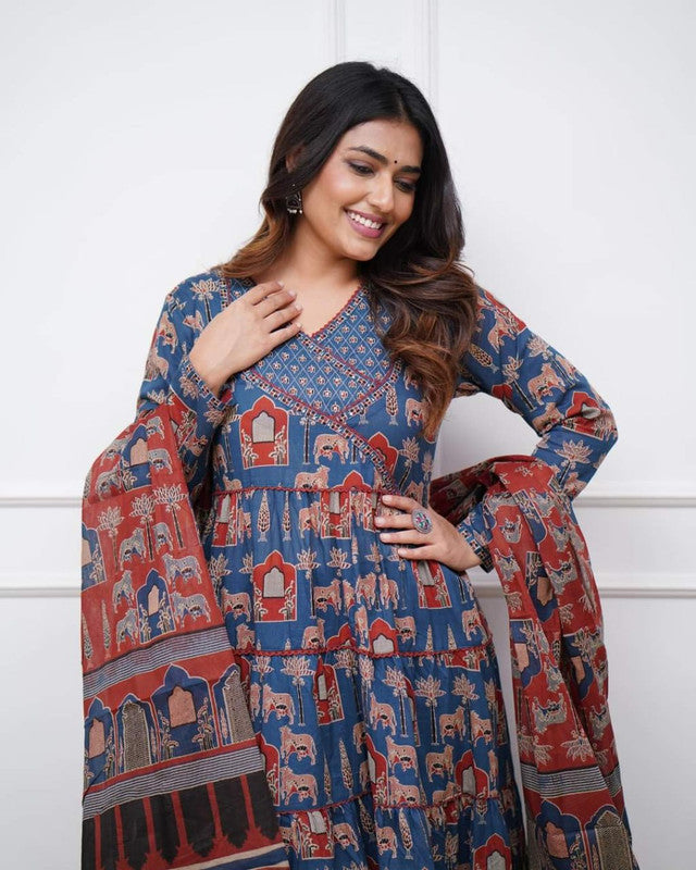Lyush Women's Embroidered Cotton Blend Kurti With Pant & Dupatta Set - Blue