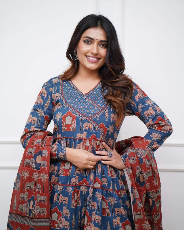 Lyush Women's Embroidered Cotton Blend Kurti With Pant & Dupatta Set - Blue