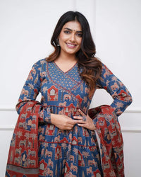 Thumbnail for Lyush Women's Embroidered Cotton Blend Kurti With Pant & Dupatta Set - Blue