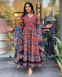 Thumbnail for Lyush Women's Embroidered Cotton Blend Kurti With Pant & Dupatta Set - Red