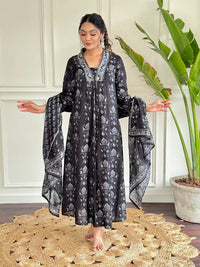 Thumbnail for Lyush Women's Cotton Printed Straight Kurta with Pant And Dupatta Sets - Black