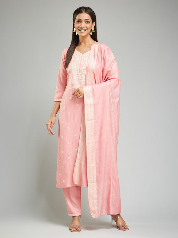 Lyush Women's Rayon Khadi Printed Straight Kurta with Pant And Dupatta Sets - White