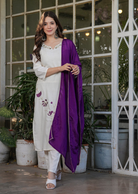 Malishka Women's Viscose Rayon Embroidery Straight Kurta with Pant And Dupatta Set - White