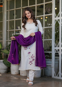 Thumbnail for Malishka Women's Viscose Rayon Embroidery Straight Kurta with Pant And Dupatta Set - White
