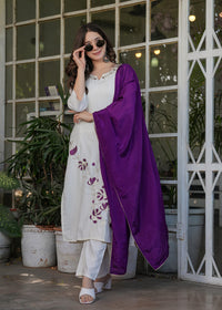 Thumbnail for Malishka Women's Viscose Rayon Embroidery Straight Kurta with Pant And Dupatta Set - White