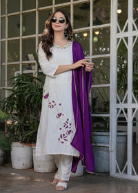 Thumbnail for Malishka Women's Viscose Rayon Embroidery Straight Kurta with Pant And Dupatta Set - White