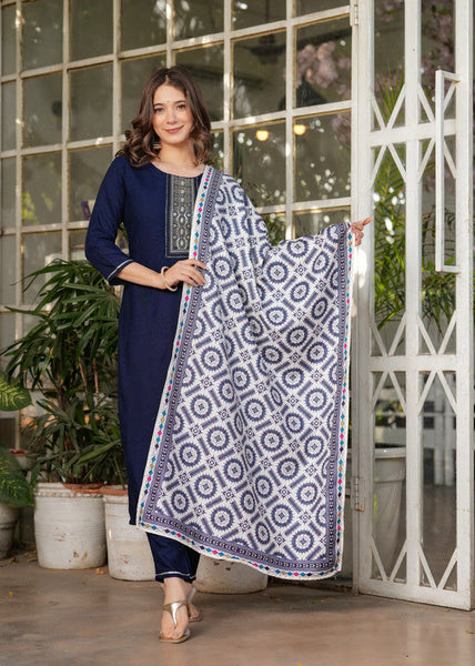 Lyush Women's Viscose Rayon Embroidery Straight Kurta with Pant And Dupatta Sets - Navy Blue