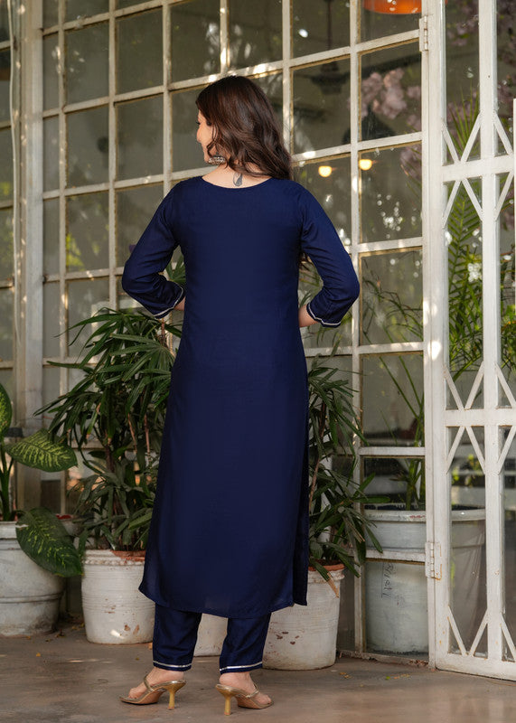 Lyush Women's Viscose Rayon Embroidery Straight Kurta with Pant And Dupatta Sets - Navy Blue