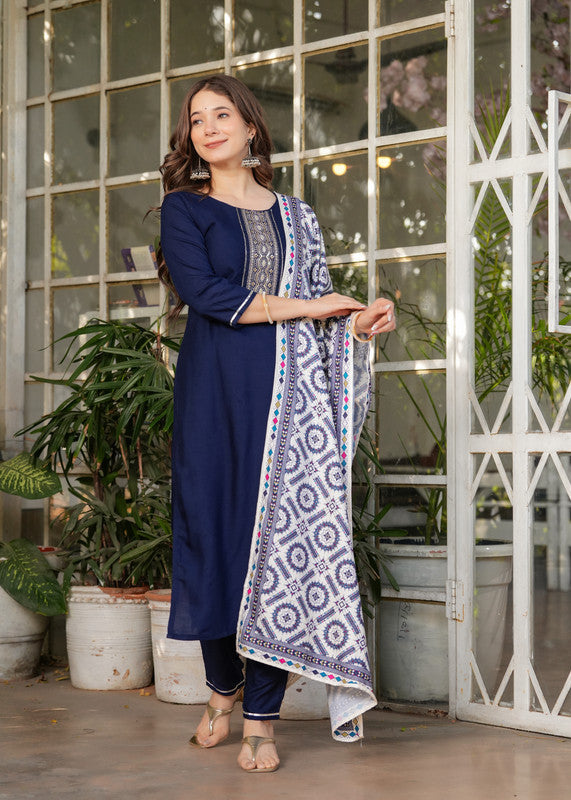 Lyush Women's Viscose Rayon Embroidery Straight Kurta with Pant And Dupatta Sets - Navy Blue