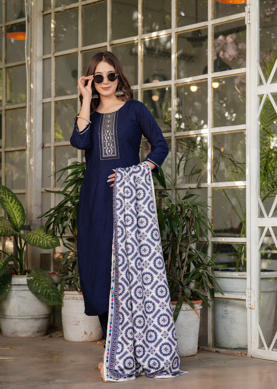 Lyush Women's Viscose Rayon Embroidery Straight Kurta with Pant And Dupatta Sets - Navy Blue