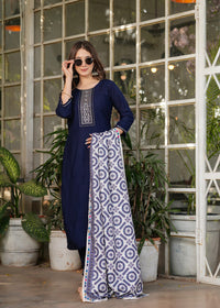 Thumbnail for Lyush Women's Viscose Rayon Embroidery Straight Kurta with Pant And Dupatta Sets - Navy Blue
