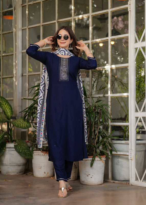 Lyush Women's Viscose Rayon Embroidery Straight Kurta with Pant And Dupatta Sets - Navy Blue