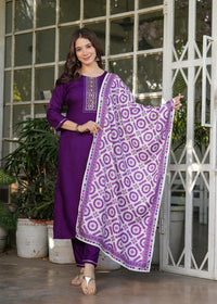 Thumbnail for Lyush Women's Viscose Rayon Embroidery Straight Kurta with Pant And Dupatta Sets - Wine