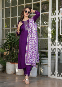 Thumbnail for Lyush Women's Viscose Rayon Embroidery Straight Kurta with Pant And Dupatta Sets - Wine