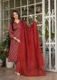 Thumbnail for Lyush Women's Pure Cotton Printed Straight Kurta with Pant And Dupatta Sets - Maroon