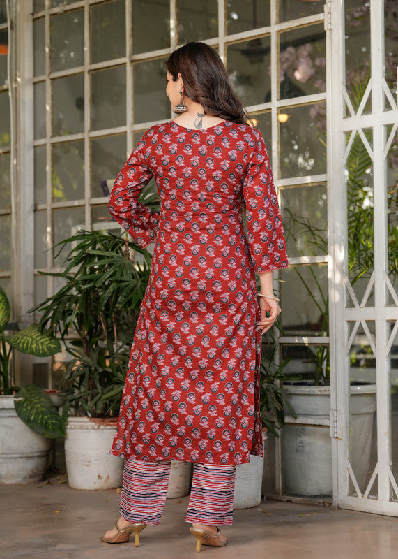 Lyush Women's Pure Cotton Printed Straight Kurta with Pant And Dupatta Sets - Maroon