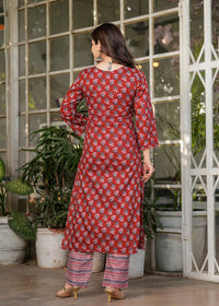 Thumbnail for Lyush Women's Pure Cotton Printed Straight Kurta with Pant And Dupatta Sets - Maroon