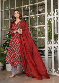 Thumbnail for Lyush Women's Pure Cotton Printed Straight Kurta with Pant And Dupatta Sets - Maroon