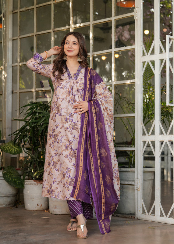 Lyush Women's Pure Cotton Printed Straight Kurta with Pant And Dupatta Sets - Cream