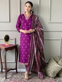 Thumbnail for Lyush Women Viscose Chanderi Kurta With Pant And heavy embroidery Dupatta Set - Purple