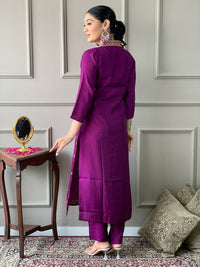 Thumbnail for Lyush Women Viscose Chanderi Kurta With Pant And heavy embroidery Dupatta Set - Purple