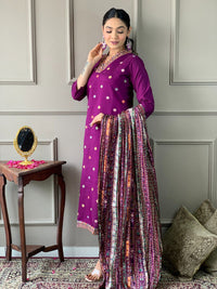 Thumbnail for Lyush Women Viscose Chanderi Kurta With Pant And heavy embroidery Dupatta Set - Purple