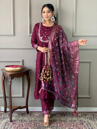 Thumbnail for Lyush Women Viscose Chanderi Kurta With Pant And heavy Embroidery Dupatta Set - Wine