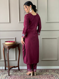 Thumbnail for Lyush Women Viscose Chanderi Kurta With Pant And heavy Embroidery Dupatta Set - Wine