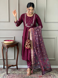 Thumbnail for Lyush Women Viscose Chanderi Kurta With Pant And heavy Embroidery Dupatta Set - Wine