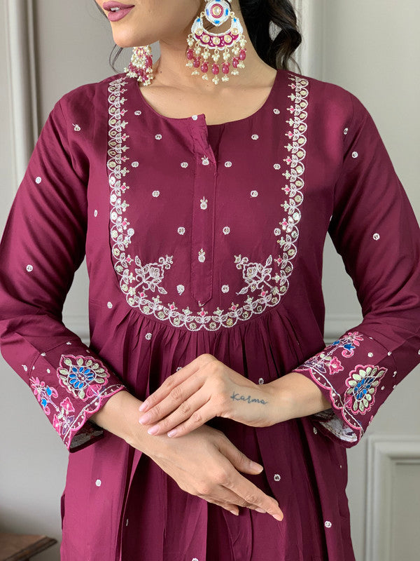 Lyush Women Viscose Chanderi Kurta With Pant And heavy Embroidery Dupatta Set - Wine